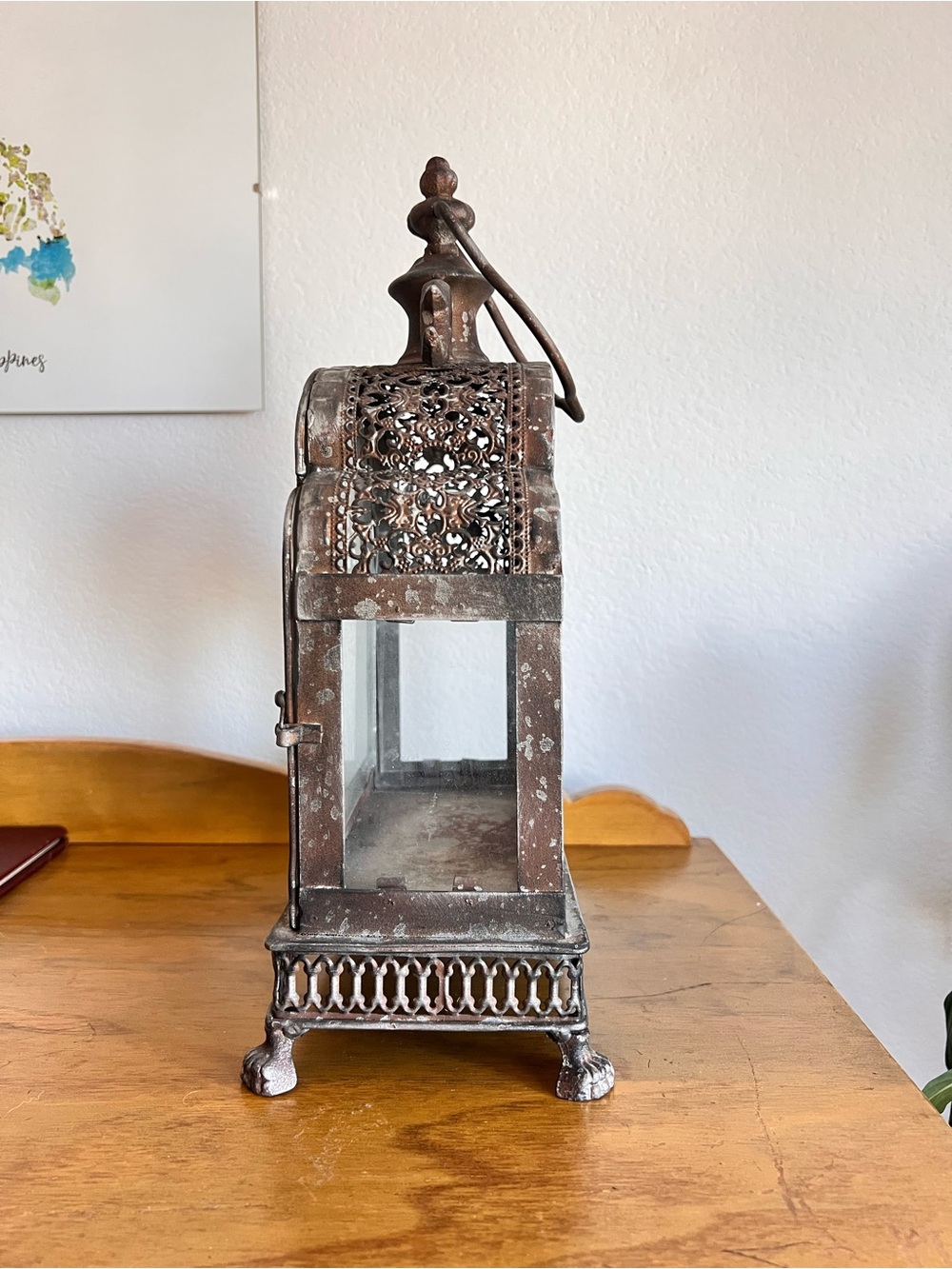 Moroccan Style Metal Lantern Candle Holder 14” Tall Ornate Glass Panel Lantern - Picture 3 of 8